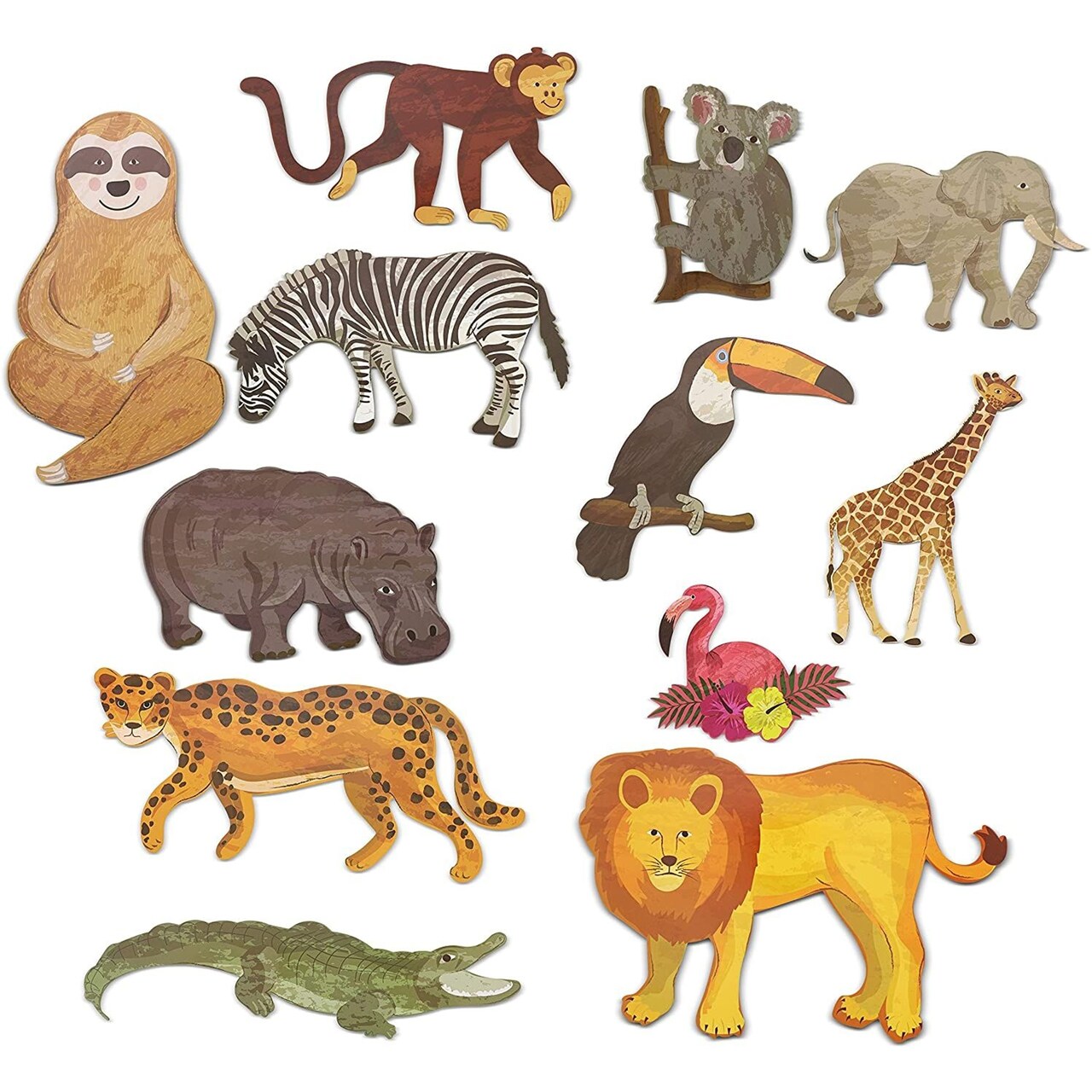 12 Count Jungle Animal Safari Paper Cutouts for Crafts, Home Party School Decoration, 7.8x6.5 inches to 16.3x7 inches, For Ages 3+
